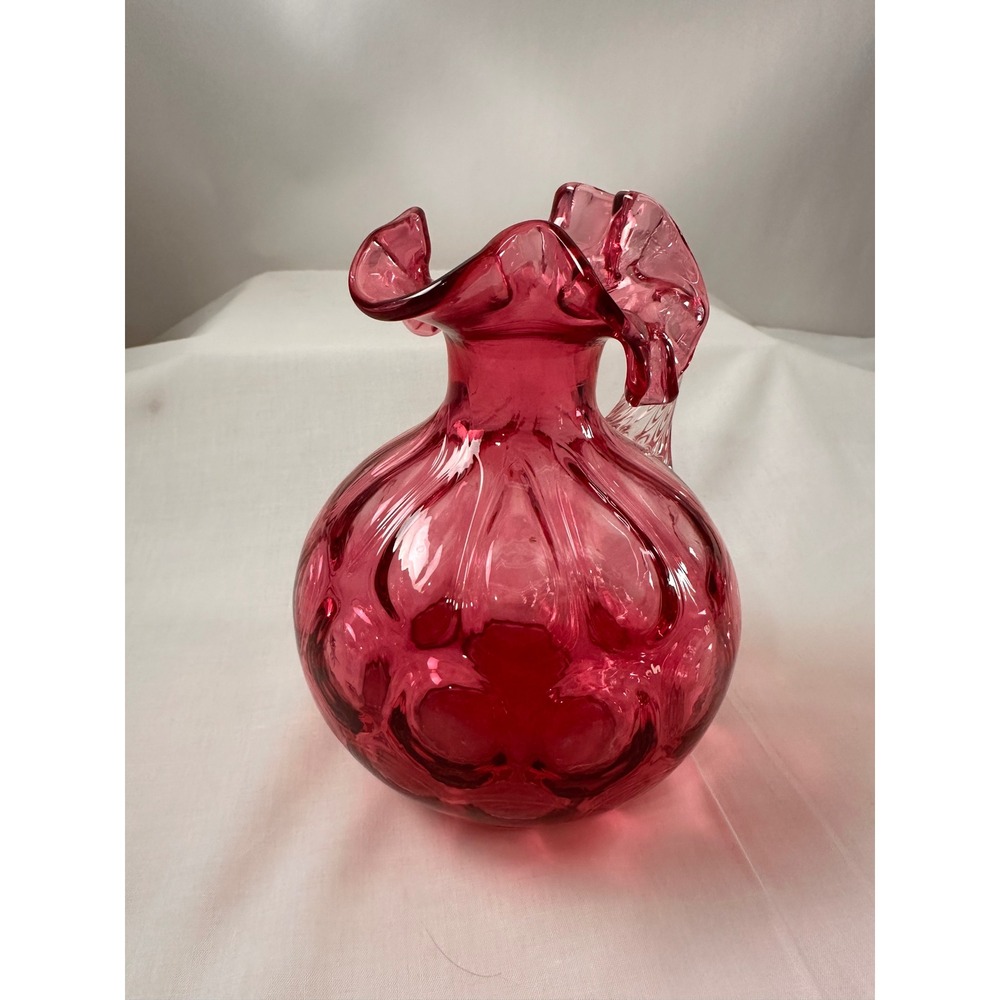 Fenton Cranberry Glass Pitcher Ruffled Rim Applied‎ Reeded Handle Optic Rib Red - Picture 9 of 13
